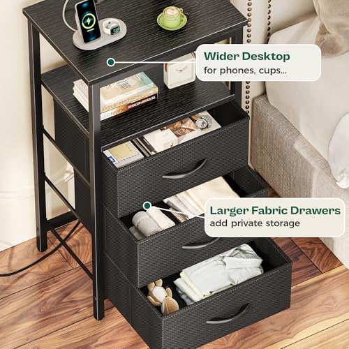 Huuger Night Stand with Charger Station and LED Lights, 3 Drawer Nightstand | Bed Side Table with Open ShelfEnd TableTall Fabric Dresser for Bedroom, Black - color: Black, size: 11.8"D x 15.7"W x 27.6"H（3 Drawers）