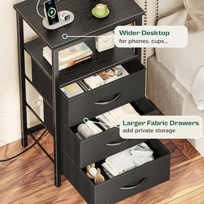 Huuger Night Stand with Charger Station and LED Lights, 3 Drawer Nightstand | Bed Side Table with Open ShelfEnd TableTall Fabric Dresser for Bedroom, Black - color: Black, size: 11.8"D x 15.7"W x 27.6"H（3 Drawers）