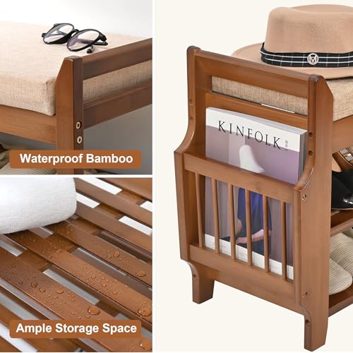 PETKABOO Shoe Bench with Hidden Drawer and Side Holder, 2 Tier Entryway Bench with Storage 31.5 in, Bamboo Shoe Rack with Cushion for Entryway Hallway Living Room Bedroom - size: 31.5"