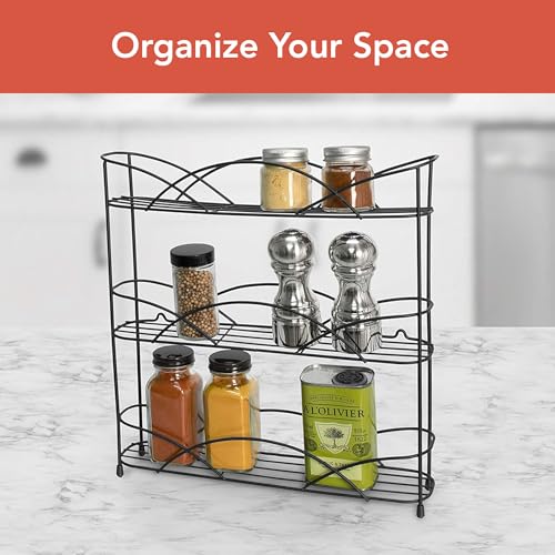 Spectrum 3 Tier Spice Rack Organizer Black Countertop Wire Shelf Spice Rack for Modern Kitchen Pantry Cabinet, Organize Spices with Three Tier Spice Shelf for Kitchen Storage with Wall Mount Option - size: 3-Tier