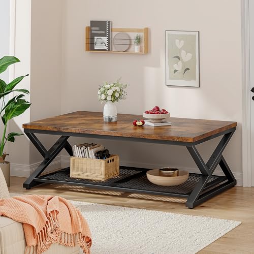 EnHomee Coffee Table, Storage & Shelf, X-Frame Stability, Rustic Brown | Families, Wood & Metal, Holds Magazines & Drinks, Industrial Design, Living Room, 47.2“ - color: Rustic Brown, size: 47.2 Inch