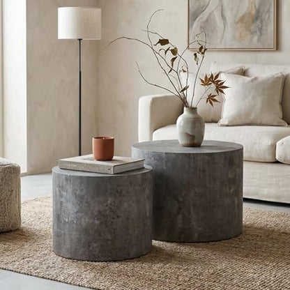 Nesting Coffee Table Set of 2, Matte Grey Round Wooden Coffee Tables Modern Circle Center Table for Small Space Living Room Bedroom Accent End Side Table, No Assembling (Stone Gray) - color: 18.9" White