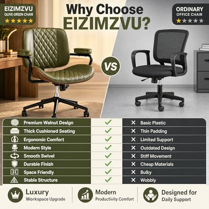 Home Office Desk Chair with Wheels, Armless Adjustable Height PU Leather Office Chair, Mid Back Ergonomic Computer Chair, Walnut Curved Seat Design No-Arm Chair (GX-9006-Armrests-Green) - color: Gx-9006-armrests-green