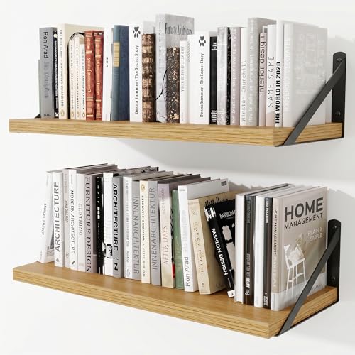 Deep Wall Shelves 24" W x 8" D Engineered Wood Floating Shelves for Wall, Sturdy Metal Bracket Bookshelves Home Decor Storage for Living Room Bedroom Bathroom Kitchen, Set of 2, Oak Finish - color: Oak, size: 24"w x 8"d