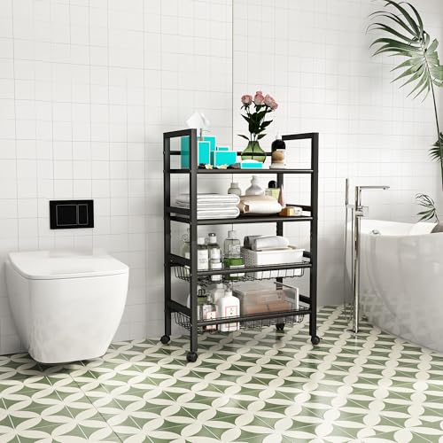 4-Tier Metal Rolling Cart with Removable Grid Shelves, Lockable Wheels & Handle for Kitchen, Bathroom, Office Storage, Black (Medium) - size: 19.7 in