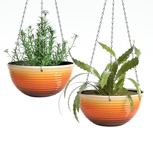 Vanslogreen 12 inch Hanging Planters for Indoor Outdoor Plants, 2 Pack Large Hanging Flower Pots with Drainage Holes and Chain, Glazed Hanging Baskets for Home Garden Decoration, Orange - color: Orange, size: 12inch