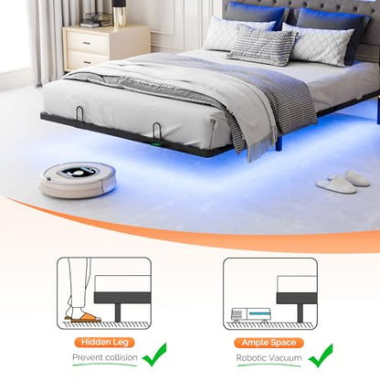 VINGLI Full Size Floating Bed Frame with LED Lights, Adjustable Velvet Upholstered Bed with Charging Station, Modern Metal Full Bed, Easy Assembly, No Box Spring Needed, Grey - color: Grey, size: Full