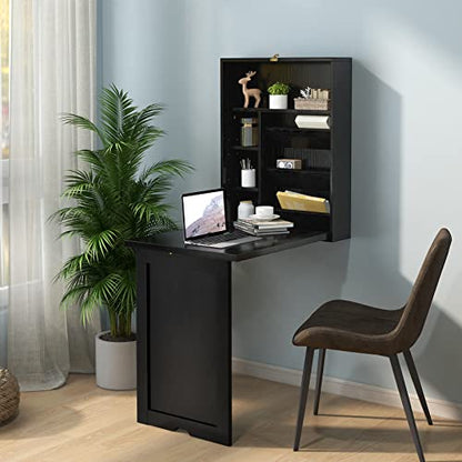 GOFLAME Wall Mounted Folding Desk with 3-Tier Tilt Storage Partition and Adjustable Shelves, Space-Saving Convertible Writing Desk for Home Office, Black - color: Black