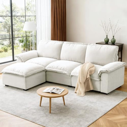 HALLYBEE Cloud Couch Sectional Modular Sofa for Living Room White | Modular Sectional Cloud Couch with Movable Ottoman, L-Shaped, 3-Seater, Chenille Fabric, Removable Cushion Covers, Apartment - color: White