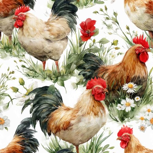 Vintage Wallpaper Rooster Floral Botanical Peel and Stick Wallpaper | Cream base watercolor rooster and wildflower print, Removable waterproof vinyl wall covering, bedroom accent wall decor - color: ML-M100, size: 17.7" x 236"
