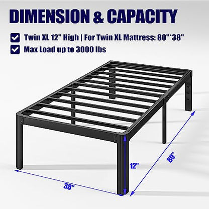 Hunlostten 12" Twin XL Heavy Duty Bed Frame No Box Spring Needed, Metal Twin XL Platform Bed Frame with Round Corners, Easy Assembly, Noise Free, Black - size: Twin XL, style: 12 Inch