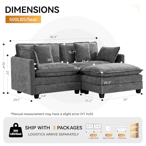 76'' Cloud Deep Seat Loveseat Sofa, Upholstered Chenille Modular 2-Seats Sectional Sofa Couch with Movable Ottoman, Modern Comfy Settee Loveseat for Living Room Set, Small Apartment, Grey - color: Grey, size: 76'' L Shape