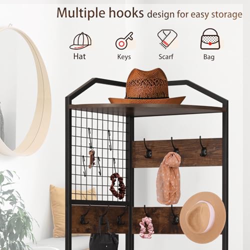 Corner Coat Rack, Coat Rack with Shoe Storage, Hall Tree with Bench and Shoe Storage, Freestanding Shelves with 14 Hook for Entryway, Hallway,Bedroom (Corner)