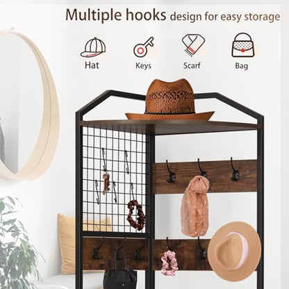 Corner Coat Rack, Coat Rack with Shoe Storage, Hall Tree with Bench and Shoe Storage, Freestanding Shelves with 14 Hook for Entryway, Hallway,Bedroom (Corner)