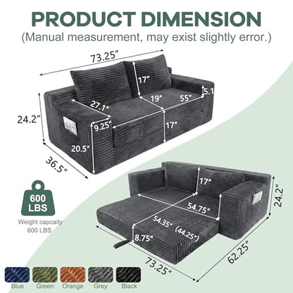 73" Convertible Sofa Bed, Corduroy Boneless Loveseat Sleeper, Gray | Fold Out Floor Couch Bed with 2 Pillows, Memory Foam Cloud Futon Couch for Living Room, Guest Room, Small Space, No Assembly