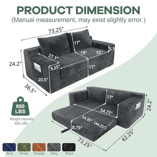 73" Convertible Sofa Bed, Corduroy Boneless Loveseat Sleeper, Gray | Fold Out Floor Couch Bed with 2 Pillows, Memory Foam Cloud Futon Couch for Living Room, Guest Room, Small Space, No Assembly