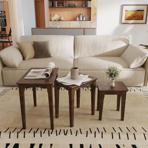 Kmax Nesting Tables Set of 3, Small Sofa Side Table Rustic Stacking End Table Rectangle Solid Wood Coffee Tables for Small Space - Walnut - color: Walnut