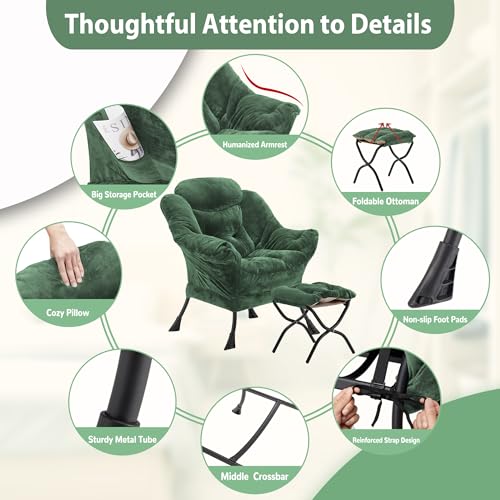 Youtanic Lazy Chair with Folding Ottoman, Accent Chair Plush Upholstered with Metal Structure and Non-Slip Pads, Sofa Armchair with Footrest and Side Storage Bag for Dorm, Room, Office, Green - color: Plush Green