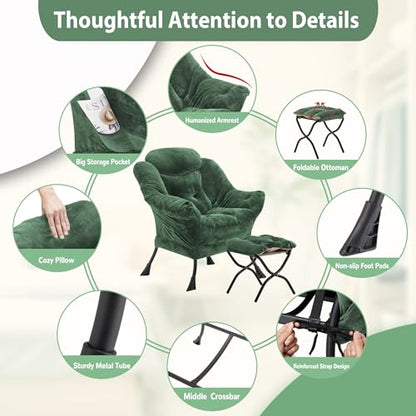 Youtanic Lazy Chair with Folding Ottoman, Accent Chair Plush Upholstered with Metal Structure and Non-Slip Pads, Sofa Armchair with Footrest and Side Storage Bag for Dorm, Room, Office, Green - color: Plush Green