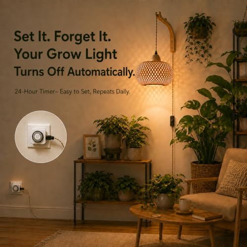Wall Mounted Grow Lights for Indoor Plants with Timer, Hanging Light | 3500K Full Spectrum Pendant Grow Light, Rattan Shade Decorative Plant Light, 19.7FT Cord for Living Room Corners Plants
