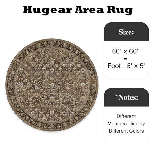 5ft Round Brown Vintage Floral Washable Rug for Living Room | Low Pile, Non Slip, Retro Style, Soft Distressed Round Rug for Living Room, Bedroom, Dining Room, Home Decor - color: Floral | Brown, size: 5' (Round)