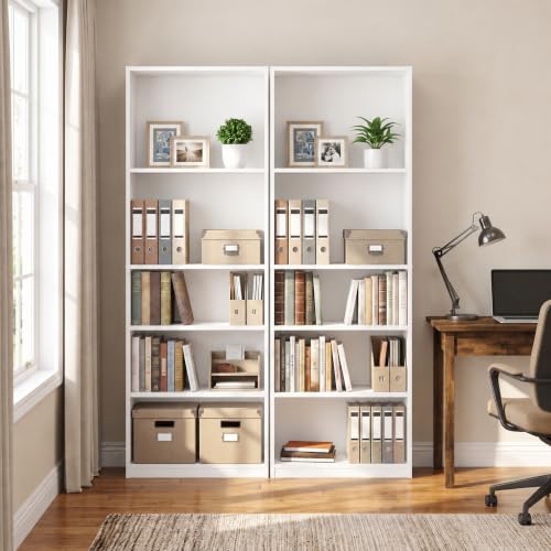 Furinno Jaya Book Shelf Set of 2, 5-Tier Bookshelf, Bookcase, with Adjustable Shelf, 9.5 x 24.5 x 71, for Home Office, Living Room, White - color: White, size: Set of 2, 5-Tier