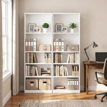 Furinno Jaya Book Shelf Set of 2, 5-Tier Bookshelf, Bookcase, with Adjustable Shelf, 9.5 x 24.5 x 71, for Home Office, Living Room, White - color: White, size: Set of 2, 5-Tier