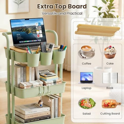 3 Tier Rolling Cart, Multifunctional Storage Cart with Table Top | Lockable Wheels, Heavy Duty Metal Frame Utility Cart for Kitchen, Bathroom, Office, Bedroom (Green) - color: Green