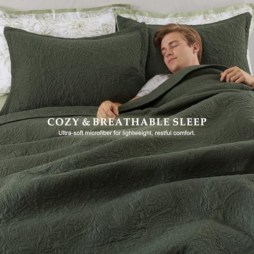 WDCOZY Paisley Quilt Set Oversize King Size, Olive Green Matelasse Lightweight Bedspread, Soft Farmhouse Rustic Coverlet, Spring Summer Thin Comforter, Country Bedding, 116x106 inches, 3 Pieces - color: Olive Green, size: Cal King (116"x106")