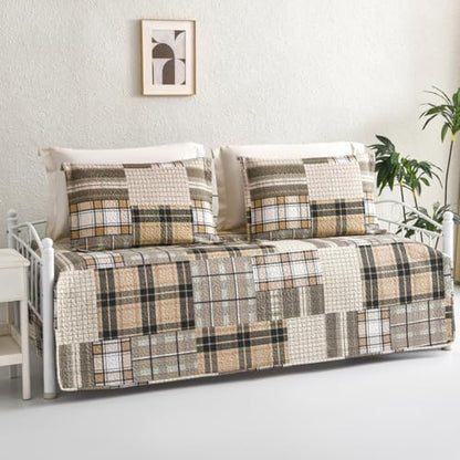 Jarson 3 Pcs Plaid Daybed Cover Set Twin Size Brown Beige Sofa Cover Double Side Bed Set Classic Patchwork Bedding Sets Daybed Quilt Set with Pillow Shams - color: Brown Beige