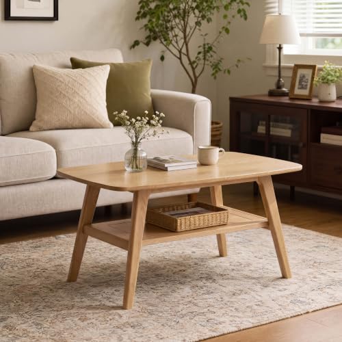 Small Coffee Table for Living Room, 2-Tier Mid Century Modern Small Tables with Shelf Storage, Storage Coffee Table with Rounded Corners (Solid Oak Wood Log Color, 31.5'' L) - color: Natural, size: 31.5''l X 19.68''w X 17.32''h