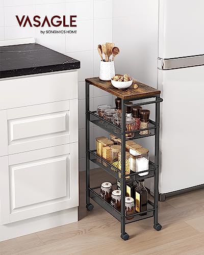VASAGLE Slim Rolling Cart, 4-Tier Storage Cart, Narrow Cart with Handle, 8.7 Inches Deep, Metal Frame, for Kitchen, Dining Room, Living Room, Home Office, Rustic Brown and Classic Black ULRC033B01 - color: Rustic Brown + Classic Black, size: 4 Tiers (8.7"