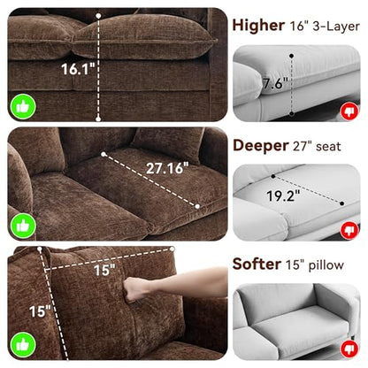 Loveseat Sofa Couch 2 Piece Set, Small Compact 50" Love Seat 27" Deep Cloud Sofa Set Washable Chenille Pillow Living Room Set for Apartment Office 50-Brown-2+2 - color: Brown, size: 50"+50"