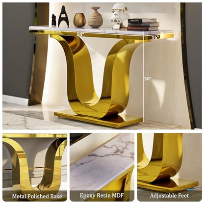 Gold Console Table, White and Gold Living Room Sofa Table, 50" Rectangle Console Table for Entryway, Living Room, Office, Foyer, Front Hall, Hallway - color: Gold