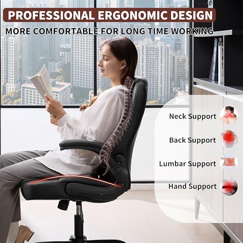 Leather Office Chair Swivel Lumbar Support for Short People Black | Executive Office Chair PU,Leather Office Chair with Wheels,360° Swivel Rolling Chair with Padded Arm,Ergonomic Computer Chair - color: Black