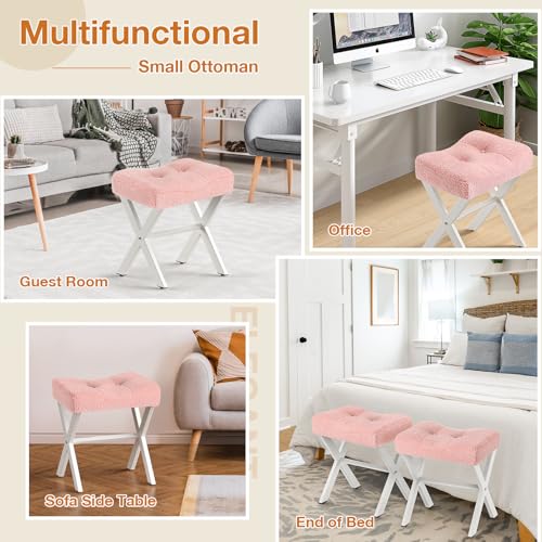 18-Inch Vanity Stool Chair, Pink Padded Saddle Makeup Stool | Teddy Flannel Vanity Bench, Metal X-Leg, 300 LBS, 16.3"x12.4"x18", Ottoman Accent Stool, Breathable Soft Saddle Seat - size: Small, style: Pink Fabric