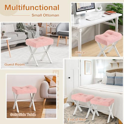 18-Inch Vanity Stool Chair, Pink Padded Saddle Makeup Stool | Teddy Flannel Vanity Bench, Metal X-Leg, 300 LBS, 16.3"x12.4"x18", Ottoman Accent Stool, Breathable Soft Saddle Seat - size: Small, style: Pink Fabric
