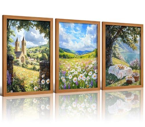 LDXCJXOR 3 Pcs Wood Framed Daisy Wildflower Countryside Wall Art 12x16 Inch | Pastoral Painting Village Church Canvas Prints Lake Picnic Scenery Picture Wall Decor for Living Room Bedroom Ready to Hang - color: Countryside Landscape Wall Art, size: 16"L x