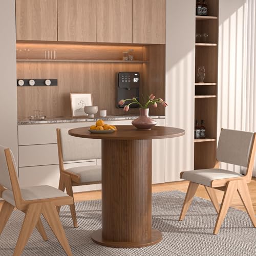 31.5 inch Round Dining Table for 2, Modern Farmhouse Kitchen Table | Small Circle Dining Tables with Wood Strip Base for Kitchen Living Room - color: Walnut