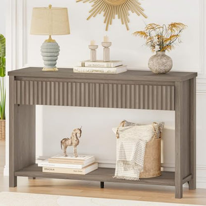 Console Table with Storage, 47In Entryway Table with Drawers, Grey Couch Tables Behind Sofa, Narrow Sofa Tables with 2-Tier Shelf for Living Room, Hallway, Front Door, Greige Oak - color: Greige Oak
