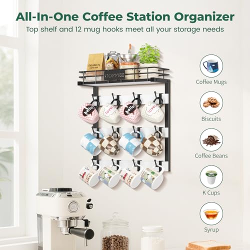 EsLuker.ly Coffee Mug Holder Cup Hanger Wall Mounted Display Rack | Metal Organizer with 12 Movable Plastic Hooks, Wood Rustic Shelf for Coffee Bar Home Kitchen, Thoughtful Wall Storage, White - style: 12 Movable Hooks White Style