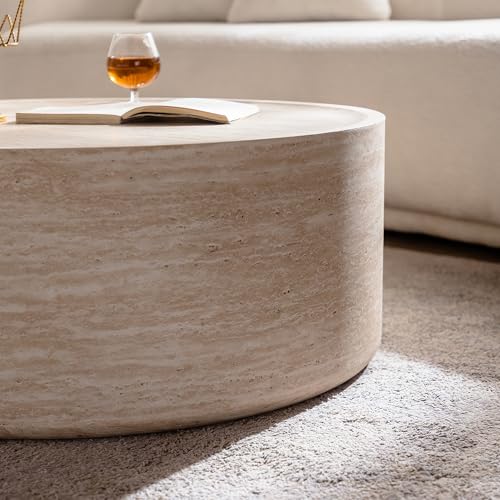 31.5'' Modern Round Drum Coffee Table for Living Room Office, Light Marble Texture, MDF Construction, Living Room Accent Side Table Center Table, No Need Assembly - color: Natural, size: 32in