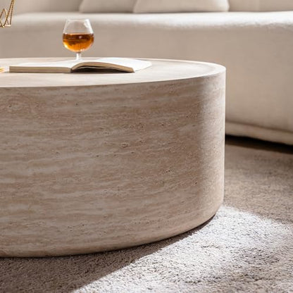 31.5'' Modern Round Drum Coffee Table for Living Room Office, Light Marble Texture, MDF Construction, Living Room Accent Side Table Center Table, No Need Assembly - color: Natural, size: 32in