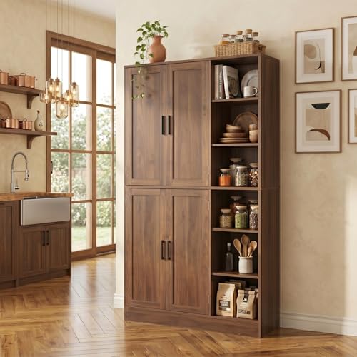 holzart 63" Tall Kitchen Pantry Cabinet, Freestanding Dining Room Storage Hutch with 4 Doors and Adjustable Shelves, Modern Utility Cupboard for Coffee Bar and Microwave, Brown - color: Brown