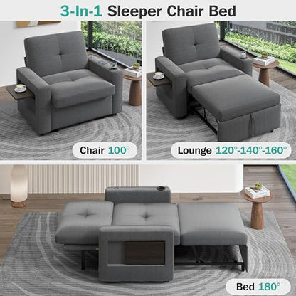 Sunny Heart 42.5" W Oversized Sleeper Chair Bed, 3-in-1 Convertible Reclining Sofa Chair with Pull Out Couch Bed, Adjustable Backrest, Side Pockets, Cup Holder, USB Ports & Table, Premium Dark Grey - color: Dark Grey, size: 42.5 inch