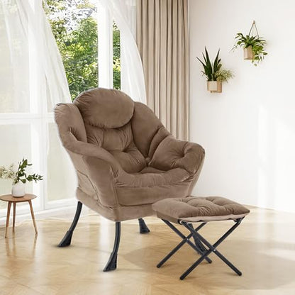 Lazy Chair with Ottoman, Modern Accent Lounge Chair with Side Pocket and Armrests, Cozy Reading Armchair with Footrest, Upholstered Sofa Chair for Small Spaces, Bedroom Living Room, Brown - color: Brown