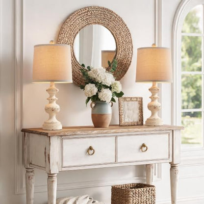Farmhouse Table Lamp Set of 2, Rustic Table Lamps for Living Room Bedroom, 22" Mid Century Modern Desk Lamp Bedside Nightstand Lamps with Linen Tapered Drum Shades, Washed White - color: Washed White