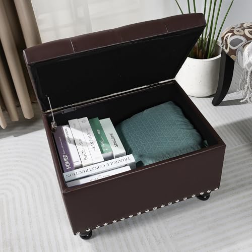 Adeco Faux Leather Storage Ottoman Bench with Safety Hinge, 23-Inch Upholstered Footrest Stool for Entryway & Living Room, Holds 350 lbs, Black - color: Matte Dark Brown - Leather