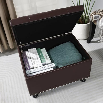 Adeco Faux Leather Storage Ottoman Bench with Safety Hinge, 23-Inch Upholstered Footrest Stool for Entryway & Living Room, Holds 350 lbs, Black - color: Matte Dark Brown - Leather