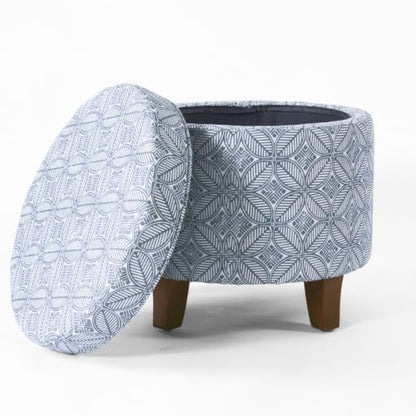HomePop 19" Round Storage Ottoman - Blue Indigo Print - color: Blue Indigo Print